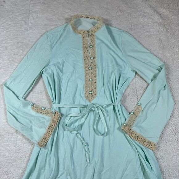 Vintage 70s Turquoise Lace High Neck Women’s Button Up Mini Dress - Picture 3 of 7